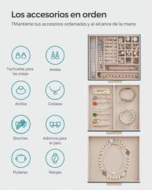 SONGMICS Jewelry Box, 3-Tier Jewelry Box, Jewelry Case, With 2 Drawers, Glass Lid, Ample Space, Interstellar Grey And Gold MJBC239G02 - 灰色 - 查看 2