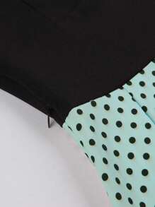 Two-Tone Stitching Polka Dot Women Formal Elegant Dress Retro Style Button Belt Pleated Rock Dress