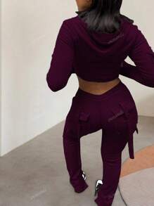 Dames 2-delige set: capuchon Arc Hem Zip-Up jas en split zoom zakken lange broek pak voor de herfst