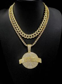 1pc Hip-Hop Style Alloy Circle Pendant Necklace With Letter & Rhinestone Detail, Unique Personalized Link Jewelry Accessory For Nightclub Party - Hip Hop Pendant - View 27