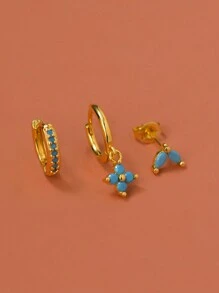 一套不锈钢绿色水晶锆石耳环，女士几何耳骨穿孔耳环，时尚饰品 - 彩色 - 查看 6