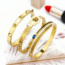 Bộ trang sức 3 món, Quà tặng chất lượng cao cho phụ nữ, Không gây dị ứng, Phong cách Hip Hop, Vỏ kim cương khảm đinh tán, Vòng tay thép không gỉ có khóa bướm - Kết hợp móng tay liễu - Xem 2