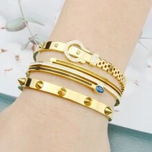 Bộ trang sức 3 món, Quà tặng chất lượng cao cho phụ nữ, Không gây dị ứng, Phong cách Hip Hop, Vỏ kim cương khảm đinh tán, Vòng tay thép không gỉ có khóa bướm - Kết hợp móng tay liễu - Xem 1