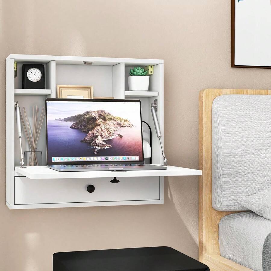 Folding Wall Desk, Wood Wall Mounted Desk With Storage Drawer And