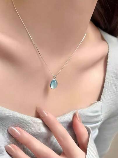 Aquamarine Pendant Sterling Silver Necklace For Women With High Quality
