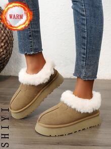 女士白色休闲鞋、运动鞋、2024冬季新款加绒保暖、户外厚底增高、时尚百搭度假风、学生户外徒步滑板鞋、平底厚底运动鞋、雪地靴、女鞋 - 卡其色 - 查看 6