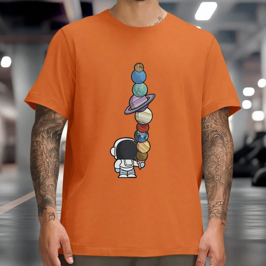 Nerd Astronaut Ice Cream Planets Casual T-Shirt Geek Galaxy Space Shirt 100% Cotton - trái cam - Xem 1