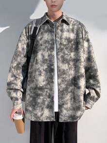 Men's Tie-Dye Corduroy Button Down Long Sleeve Shirt, Light Jacket For Spring And Autumn - Grey - View 3