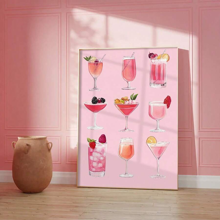 1 件，粉色鸡尾酒墙面艺术，插图海报印刷，酒吧帆布艺术，客厅装饰，卧室装饰，厨房装饰，无框 - 彩色 - 查看 1