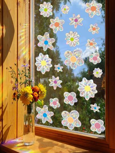 22 piezas Calcomanías de vidrio con flores de arcoíris para decoración de ventanas, alertas contra colisión de pájaros, calcomanías de prisma arcoíris no adhesivas para ventanas de aula escolar, pizarrones de vidrio, dormitorios