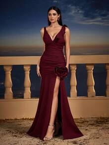 酒红色性感情人节露背连衣裙，褶皱深 V 领紧身玫瑰色舞会礼服伴娘礼服，优雅圣诞节女士派对晚礼服 - 酒紅色 - 查看 8