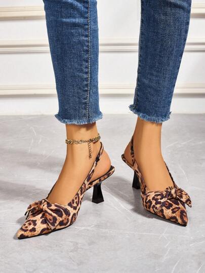 Women's Leopard Print Bow Decor Square Toe High Heel Sandals, Versatile