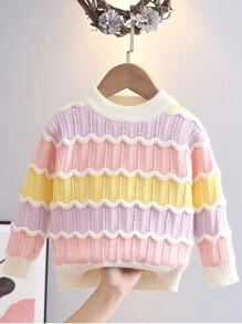 Young Girl Rainbow Stripe Sweater, Round Neck Long Sleeve Knit Pullover, Autumn/Winter