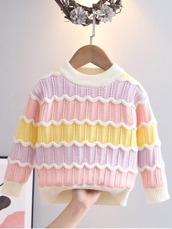 Young Girl Rainbow Stripe Sweater, Round Neck Long Sleeve Knit Pullover, Autumn/Winter