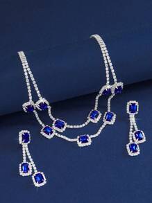 2件套优雅奢华水钻项链、耳环和首饰套装 - 适合女性日常佩戴、婚礼、派对等场合。 - 藍色 - 查看 3