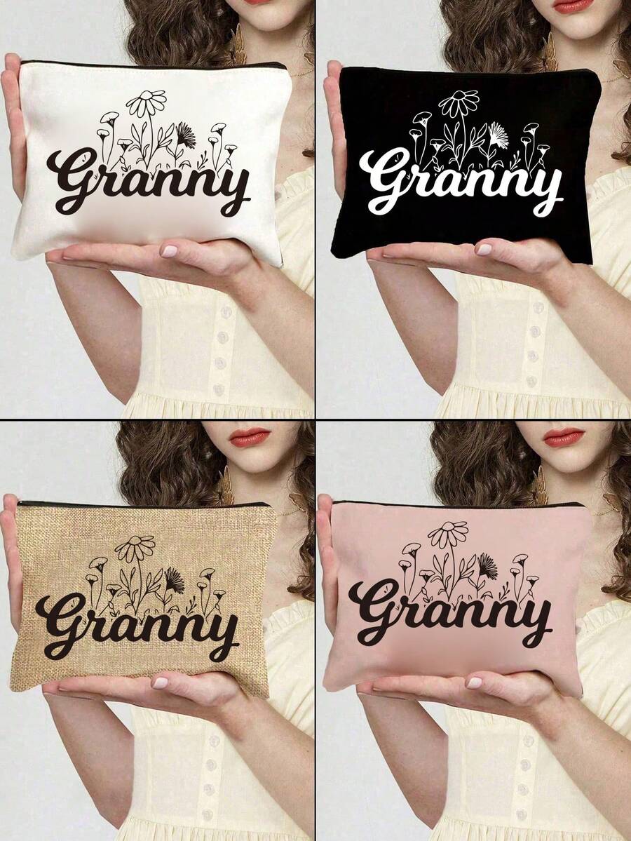 奶奶字母图案印花便携式拉链女士化妆包,收纳包,送给家人的好礼物,化妆品收纳,旅行必备,简约洗漱包,运动赛事装饰包,礼品袋,奶奶礼物,女神节礼物,生日礼物,周年纪念礼物,时尚手提包,满足日常出行需求,宠物食品和玩具收纳包,四种颜色可选 - 彩色 - 查看 1