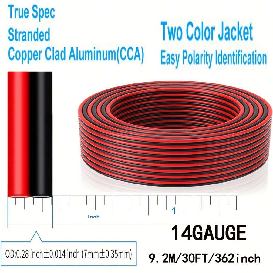 12/14/16/18 Gauge 2Conductor Wire, Red And Black Copper Clad Aluminum