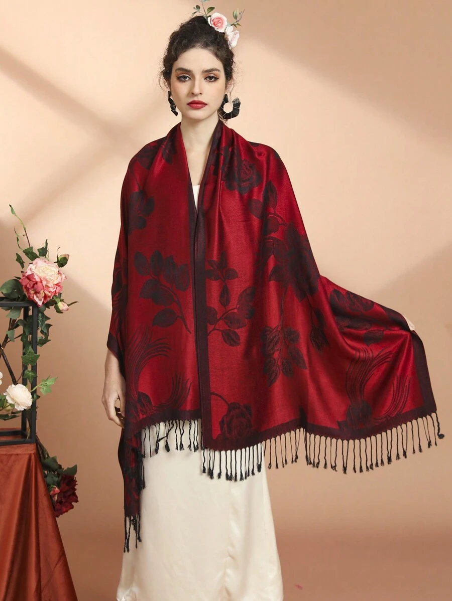 1 chiếc khăn choàng Pashmina Jacquard, khăn choàng in hoa thời trang đa năng, khăn choàng ấm áp cho bốn mùa, khăn trùm đầu, khăn choàng cưới cô dâu, khăn choàng Ankara đỏ thời trang - Màu Đỏ Sâu - Xem 1