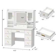 LAKEMID ✨Vanity, 7 Drawers White Vanity Desk With Mirror - Large Makeup Table Set With Cabinets And 3 Modes, 8 Storage Shelves With 2 Ultra-Clear Display Cabinets & 2 Ultra-Clear Dividers, 3 Storage Compartments, Top Shelf Included, Vanity Mirror With Desk Dressing Table For Bedroom, Includes Hairdryer Holder|Essential Makeup Vanity For School Club Performance Makeup Sessions|Autumn & Winter Heartwarming Gift|Fall 2025 Christmas Eve|Perfect Addition To Makeup Routine For Shows,Gatherings And Festivals!|Essential Vanity For The Makeup Show Houston|Columbus Day/Indigenous Peoples' Day|Carbondale Halloween Homecoming Music Street Festival|Veterans Day|Thanksgiving Day|Christmas Spectacular Starring The Radio City Rockettes|Christmas Day|New Year's Eve✨ - 白色 - 查看 9