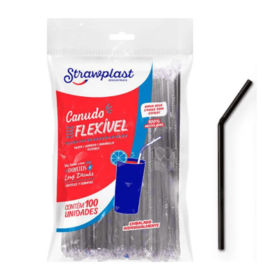 100 Canudo Flexível Preto Reforçado e Resistente P/ Long Drinks e Bebidas