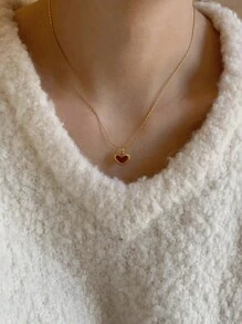 1件不鏽鋼時尚甜美紅心項鍊，小紅心吊墜，韓系小眾甜美秋冬活力女孩鎖骨鍊 - 紅色愛心項鍊 - 查看 3