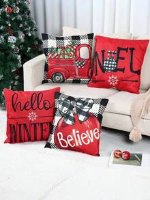 4 件圣诞亚麻靠垫套，圣诞枕套家居装饰品 2024 年圣诞新年礼物 2025 年圣诞装饰 - 彩色 - 查看 1