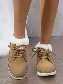 新款时尚厚底防水绒保暖复古靴情侣防滑防水雪地靴短筒软底网红防臭透气猫咪芭蕾雪地靴适合秋冬春季 - 卡其色 - 查看 3