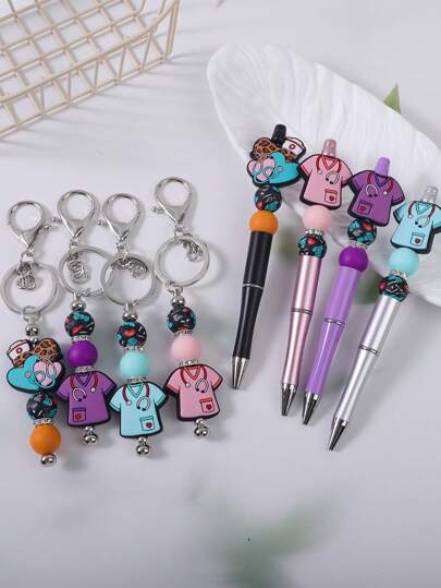 1 Set Nurse Outfit Silicone Rhinestone Beaded Detachable Pen And Keychain, Bag Charm Accessory, Keychain, Car Key Chain, Nurse's Day Gift