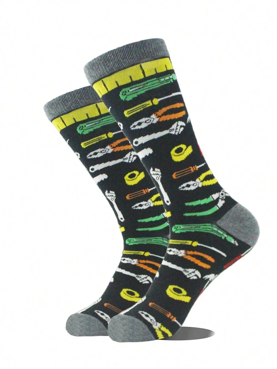 1 Pair Men's Repairing Tools Design Comfortable Mid-Calf Socks, Versatile Streetwear, Fall - Multicolor - View 1