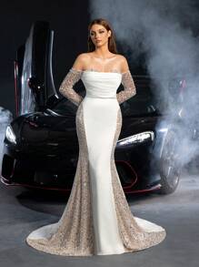 Faeriesty Gorgeous Off Shoulder Sequin Insert Satin Mermaid Hem Wedding Dress - White - View 7