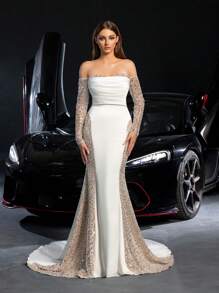 Faeriesty Gorgeous Off Shoulder Sequin Insert Satin Mermaid Hem Wedding Dress - White - View 2