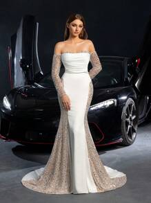 Faeriesty Gorgeous Off Shoulder Sequin Insert Satin Mermaid Hem Wedding Dress - White - View 5