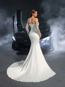 Faeriesty Gorgeous Off Shoulder Sequin Insert Satin Mermaid Hem Wedding Dress - White - View 3