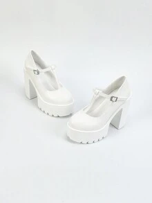 Giày cao gót đế dày màu trắng cho nữ, giày cao gót mũi tròn quai mắt cá chân gợi cảm, giày cao gót dự tiệc thời trang - trắng - Xem 2