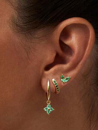 Conjunto de 3 pendientes de aro de acero inoxidable con zirconia cúbica de cristal verde para mujeres, pendientes de perforación de cartílago geométricos, joyería de moda