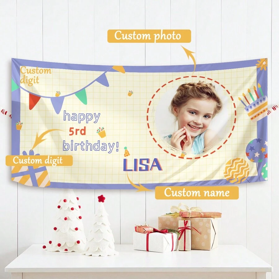 1pc,Custom Personalized Happy Birthday Banners, Custom Photo Birthday Banners, Custom Birthday Banners, Custom Party Decorations, Birthday Gifts For Friends - White - View 1