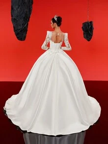 Heavy Satin And Lace Splice Long Sleeve Elegant Dress With Maxi Skirt, For Bride Wedding Ceremony Outdoor Or Garden Wedding Photography, Silhouette Effect Not Including Petticoat, Bridal Dress - Beige - View 4