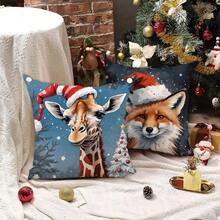 1 cái/4 cái Vỏ gối in họa tiết ông già Noel, tuần lộc, cáo, hà mã bằng polyester mùa đông, kích thước 45x45cm, dùng trang trí nhà cửa cho phòng, phòng ngủ, ghế sofa (Không bao gồm ruột gối) - Nhiều màu - Xem 6