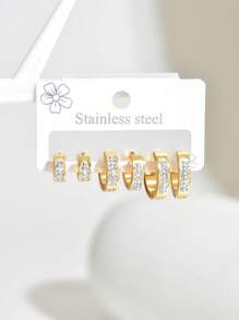 6pcs Elegant Zirconia Hoop Earrings Set, Stainless Steel