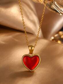 VceTd 1 件优雅复古风格多色女王心形 18K 镀金不锈钢可翻转吊坠项链，适合女性在宴会、婚礼或情人节礼物中佩戴 - 金黃色 - 查看 5