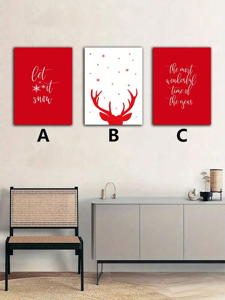 1/3 piezas de Arte de Pared en Lienzo sin Marco con Diseños Minimalistas de Navidad que presentan Renos, Copos de Nieve y Citas Festivas en Rojo y Blanco, para Decorar la Sala de Estar, Dormitorio, Oficina y Bar - Multicolor - Añade 2