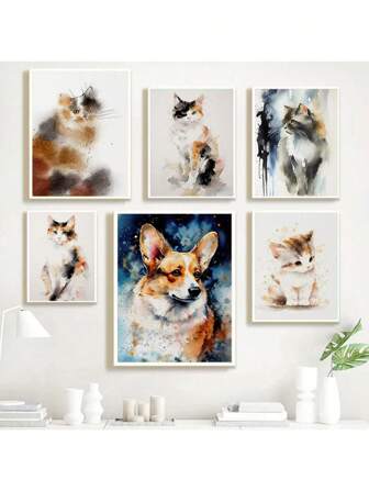 1 件 三色猫 约克夏比熊犬 海报 可爱家庭宠物 帆布画 生动墙壁艺术画 办公室家居装饰 无画框