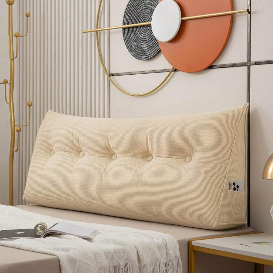 Large Corduroy Headboard Wedge Pillow Bed Rest Reading Pillow Bolster Positioning Support For Sitting In Bed Sofa - 米色 - 查看 1