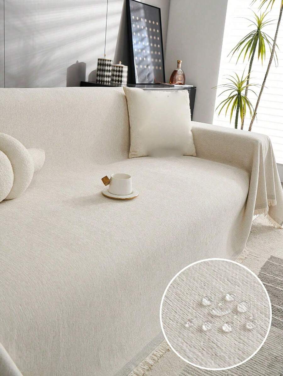 1pc Chenille Solid Color Tasseled Whole Piece Sofa Throw Cover, Anti-Scratch Anti-Dirty Non-Easy To Break, Holiday Decor, 4 Seasons Use, Machine Washable, Fits 1-4 Seat Sofa For Living Room & Bedroom