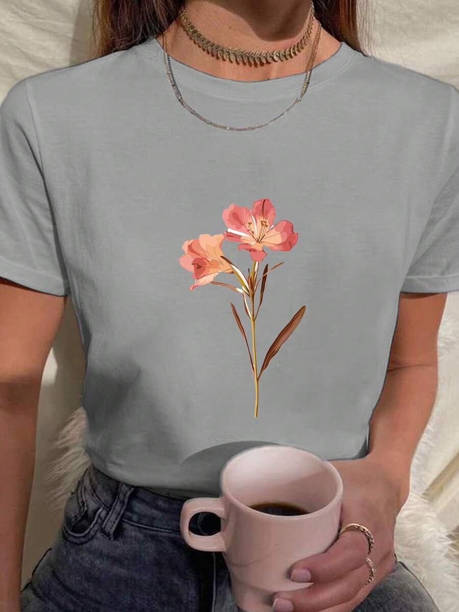 Baby Look Cute Pink Orchid Flower Stylish Women's T Shirt Various Colors 100% Cotton - 灰色 - 查看 1