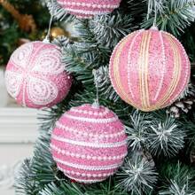 2 pezzi/set di palline decorative natalizie rosa di 4 pollici (diametro 10 cm), palline natalizie rosa perlato con pezzi scintillanti, palline decorative dipinte a mano in modo creativo, decorazioni natalizie, feste natalizie, feste di compleanno, decorazioni per matrimoni, perfetti come accessori fotografici per creare l'atmosfera giusta