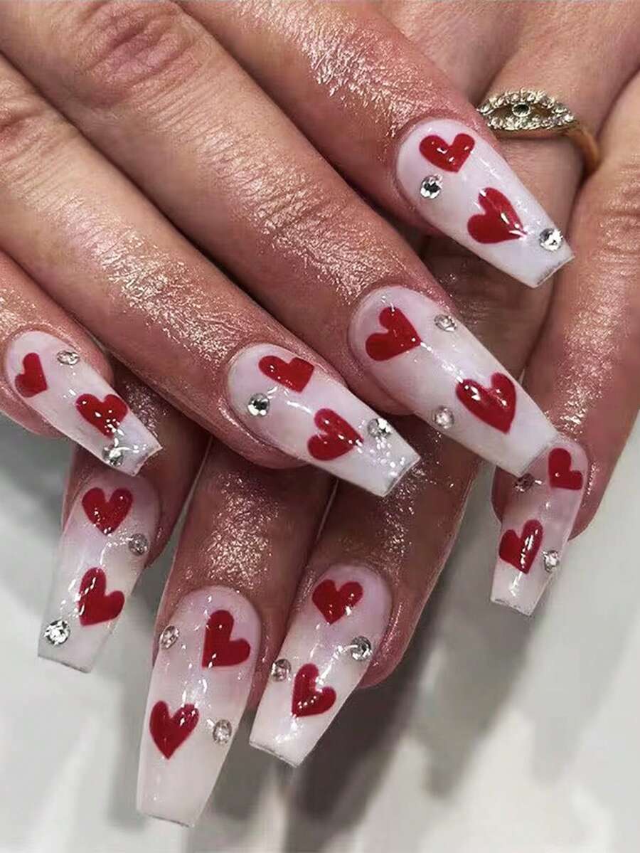 Cải thiện vẻ ngoài của bạn ngay lập tức, 24 móng tay bấm hình quan tài màu trắng Love, móng tay chuyển màu, móng tay có phụ kiện đính đá 3D, đơn giản và thanh lịch, phù hợp cho trang phục hàng ngày, dự tiệc và hẹn hò của phụ nữ, tặng kèm một miếng keo dán nhỏ và một miếng keo dán thạch - Nhiều màu - Xem 1