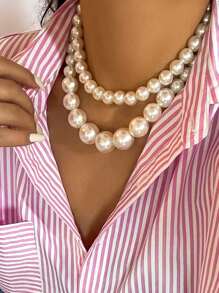 2pcs/Set Chunky Jewelry Fashion Elegant Asymmetric Faux Pearl Beaded Necklace, Designed For Women, Suitable For Glamorous Formal Parties, Runway Jewelry And Holiday Gifts - Large Imitation Pearls - View 1