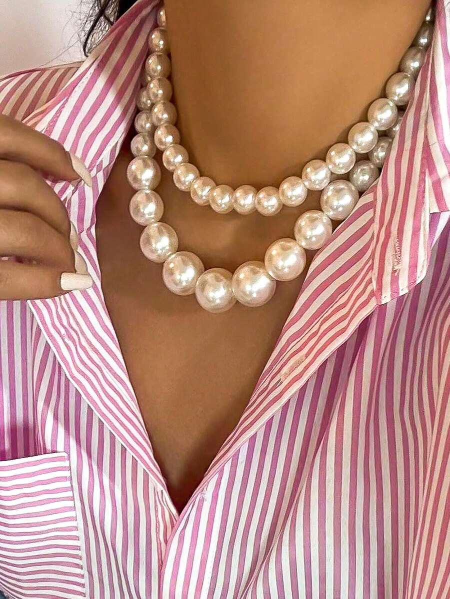 2pcs/Set Chunky Jewelry Fashion Elegant Asymmetric Faux Pearl Beaded Necklace, Designed For Women, Suitable For Glamorous Formal Parties, Runway Jewelry And Holiday Gifts - Large Imitation Pearls - View 1