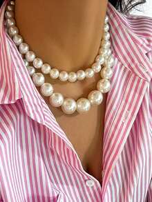 2pcs/Set Chunky Jewelry Fashion Elegant Asymmetric Faux Pearl Beaded Necklace, Designed For Women, Suitable For Glamorous Formal Parties, Runway Jewelry And Holiday Gifts - Large Imitation Pearls - View 2